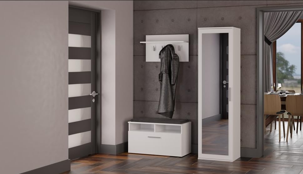 BDW Appendiabiti con specchio, moderno, multifunzionale, per corridoio, camera da letto, cameretta dei bambini, 180 x 50 x 35 (T), bianco