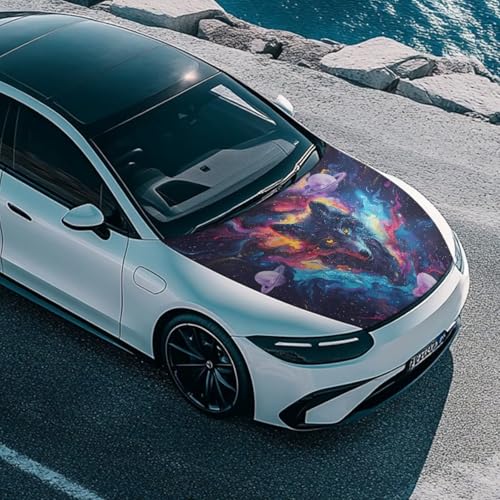 Image of Planet Wolf Print Hood Cover for Auto, Stretch Polyester Car Hood Flag Universal Automotive Hood Protective Accessories for SUVs Sedans Trucks Pickup Jeeps