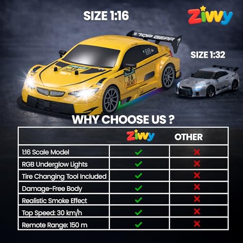 Image of Big Drift Racing RC Car Yellow | 2.4G Rechargeable Remote Control Drift Car with 150m Range, LED Lights & Music | High-Speed RC Racing Toy |Best Gift for Boys & Girls 2 3 4 5 6 7 8+ Years