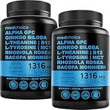 12-in-1 Nootropic Brain Supplement Anhydrous: Ginkgo Biloba for Brain Support, Memory and Focus - B12, Alpha GPC, L Theanine and Choline Supplements with Bioperine non Caffeinated 1321mg (120ct)