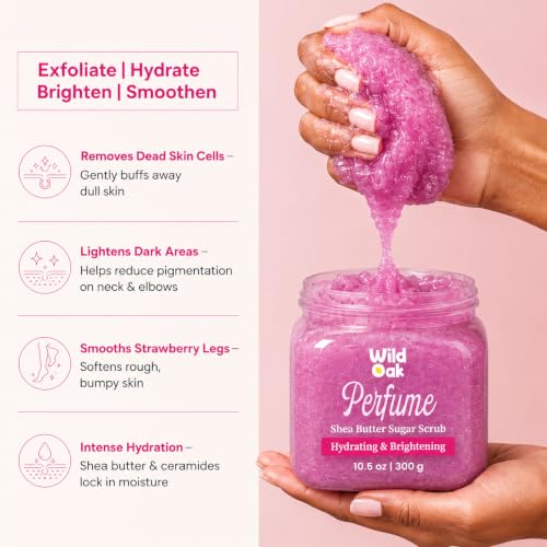 Image of WildOak Perfume Sugar Body Scrub | 300g | Exfoliates, DeTan & Hydrates | Kojic Acid, Hyaluronic Acid, Ceramides, Collagen & Peptides | Helps Removes Tan & Smooth Rough Skin | Lasting Deo Fragrance