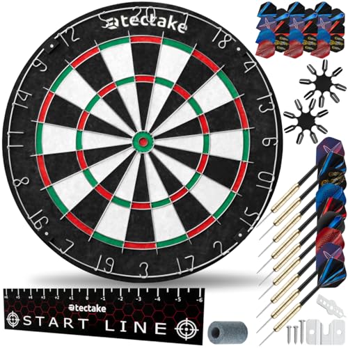 tectake® Dartscheibe, Dartset Profi Steel Dartscheibe und 9X Dartpfeile, 21x Flights und Dartzubehör für Steeldart, Steeldartscheibe, Dartspiel, Dart, Dartsscheibe