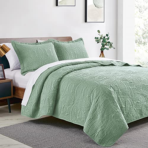 Love's cabin King Size Quilt Set Sage Bedspreads - Soft Bed Summer Lightweight Bedspread Comforter - Modern Style Coin Pattern Coverlet for All Season - 3 Pieces (1 Quilt, 2 Pillow Shams)