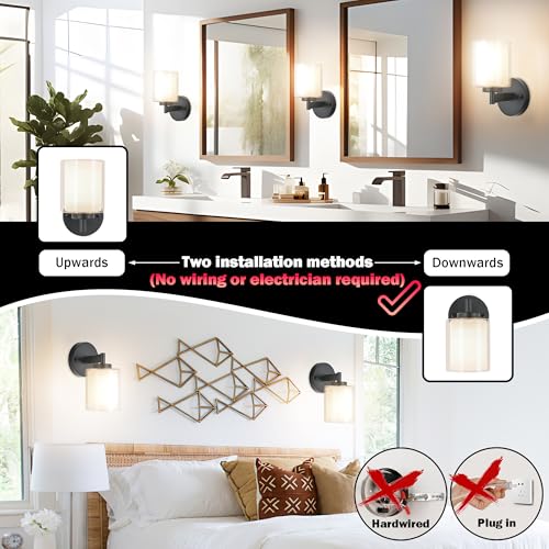 Image of Nekhung Battery Operated Wall Sconce Set of 2, Wireless Wall Sconce with Remote,10000mAh Rechargeable RGB Dimmable Bathroom Light Fixtures with Double Clear Glass Shade NOT Hardwired