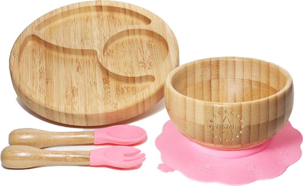 77 Star Bamboo Baby Weaning Set, Baby Suction Bowl, Suction Plate Baby, Spoon & Fork, Strong Detachable Suction Base Baby Feeding Set, Non-Slip Bamboo Bowl & Baby Plates with Suction (Pink)