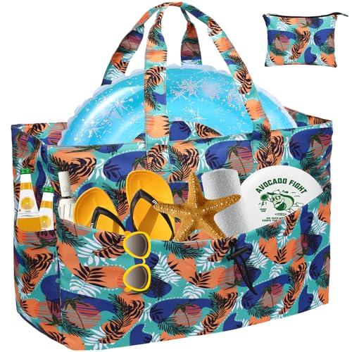 LEASOUL Bolsa de Playa Grande con Cremallera, Bolso Tote Impermeable para Mujer, XXL Bolso de Hombro y de Mano con un Bolso Pequeño para Playa, Vacaciones y Viajes
