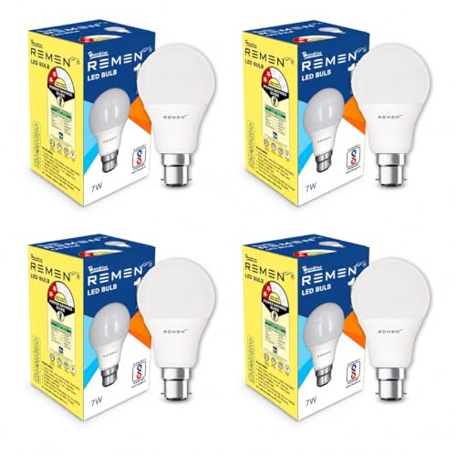 Image of REMEN 7W LED Bulb B22 Base Pack of 4 | 6500K Cool Day Light | 735 Lumens | BIS Certified & BEE 2 Star | 105 lm /W High Efficiency | LED Bulb for Home, Bedroom, Kitchen & Office