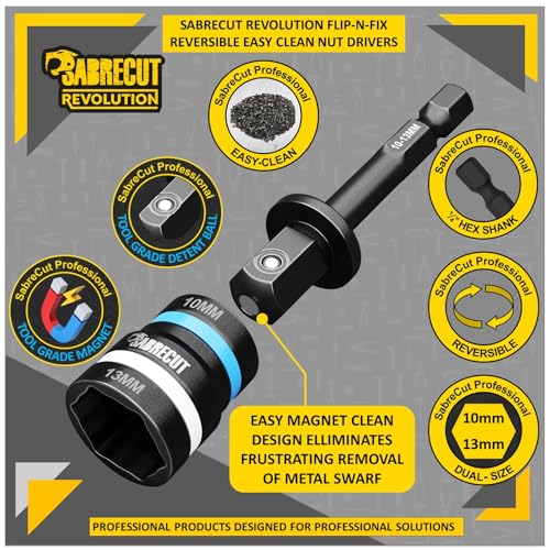 1 x SabreCut SCDIN10-13 Dual Size 10mm and 13mm Magnetic 62mm Long Reversable 2-in-1 Easy Clean Impact Rated Hex Head Nut Socket Driver for Drills and Impact Drivers - Image 4
