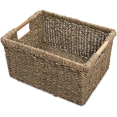 Large Wicker Storage Basket with Wooden Handles, Seagrass Basket for Shelves, Natural Basket With Handle, Wicker Basket for Storage 14.5 x 10.3 x 7.5 inches Cover