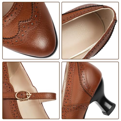 Women's Wingtip Mary Jane Low Kitten Heel Vintage Chunky Heels Ankle Strap Closed Round Toe Pumps Oxford Brogue Work Dress Shoes4