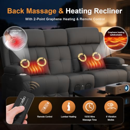 Image of Home Theater Seating, Power Loveseat Recliner Sofa with Massage & Heat, Wall Hugger Reclining Loveseat with USB, RV Couch with LED Lights, Flip Backrest, Cup Holders for Movie Theater & Gaming Room
