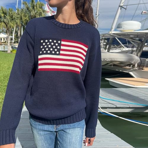 Image of Womens American Flag Sweater Long Sleeve Crew Neck Star Graphic Knit Pullover Tops Casual Loose USA Sweater