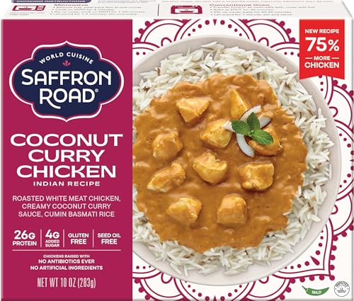 Saffron Road Frozen Coconut Curry Chicken – High Protein, Seed Oil Free, Chickens Raised with No Antibiotics, No Artificial Ingredients, Gluten-Free – 10 Ounce