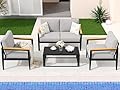 Outdoor Aluminum Furniture Set,4 Piece Patio Conversation Sets,Removable & Washable Cushion,Ink Color Tempered Glass Table Light Grey