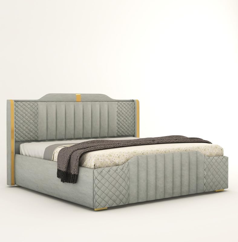 Image of Aesthetic crafts Modern Upholstered King Size Bed with Box Storage for Bedroom | Wooden Double Bed with Storage | Platform Cot Bed with Upholstery Premium Fabric | 6.5 x 6 Ft, Sheesham Wood, Grey