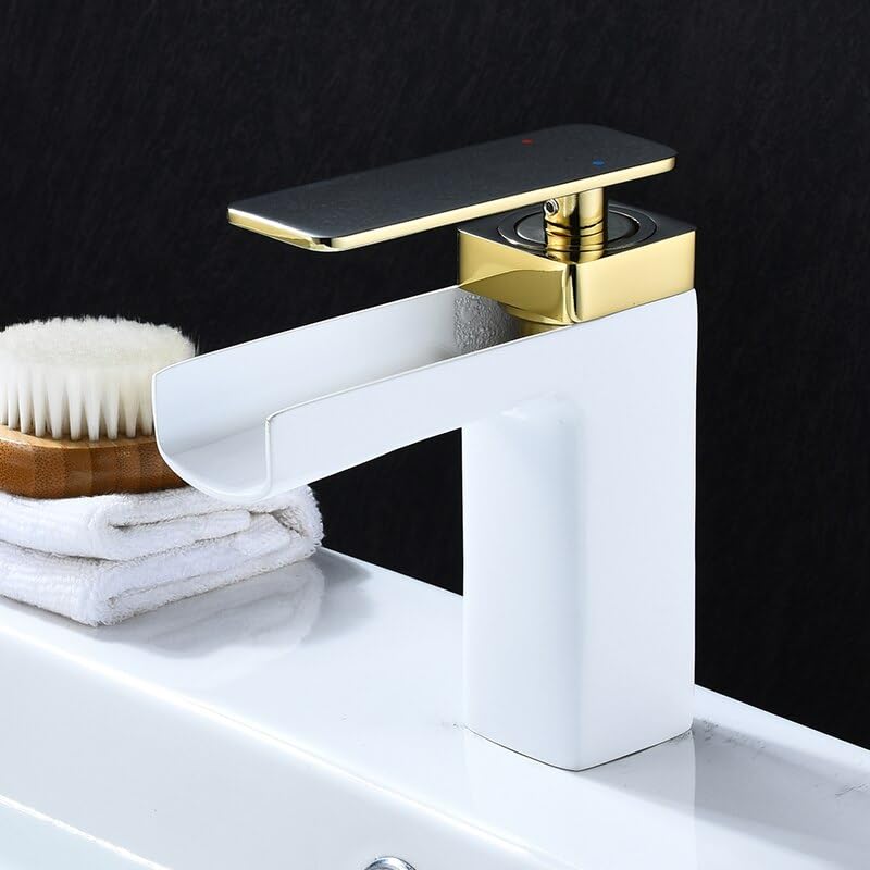 Mitigeur robinet de salle de bain monotrou blanc et or cascade pour lavabo design