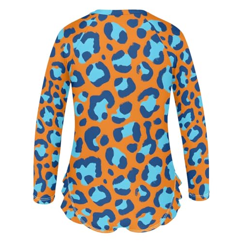 Orange Blue Leopard Pattern Girls Long Sleeve Swimsuit Rash Guard One Piece Bathing Suits Zipper 3-12T3