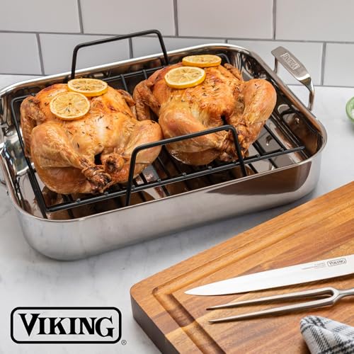 Image of Viking 3-Ply Stainless Steel Roasting Pan with Nonstick Rack and Carving Set, 16 x 13 Inch Kitchen Cookware, Great for Turkey, Dishwasher and Oven Safe, Induction Ready, SIlver