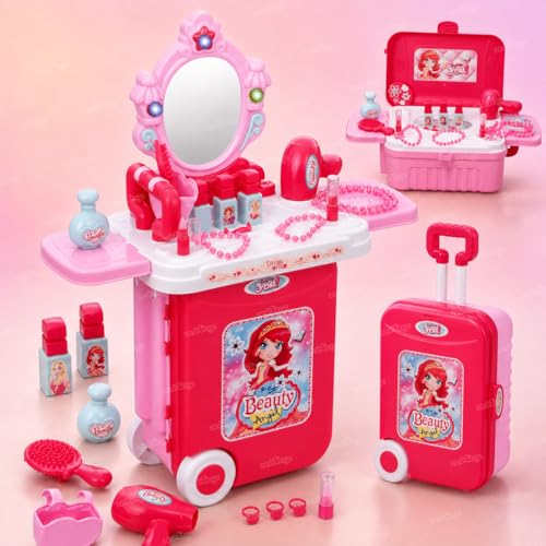 Image of Zest 4 Toyz Makeup Kit for Girls 3 in 1 Makeup Suitcase Kit with Makeup Accessories Pretend Play Set Portable Suitcase Beauty Set Toy Gift for Girls - Pink