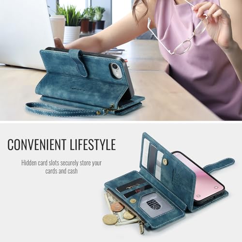 Étui portefeuille iPhone 17e bleu étui cuir PU avec pochette fermeture éclair