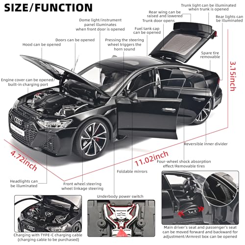 Image of RZAPE Car Model Kits for Adults 1 /18 Diecast Cars Compatible with Audi RS7 Sportback Car Collection, Metal Toy Cars with Lights and Sounds with Remote Control and Key
