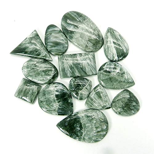 Shilpi Impex 13 Pcs Genuine Natural Green Seraphinite Cabochon Mix Shape Wholesale Lots, Semi Precious Natural Gemstone, 50 Gram Wholesale Lots, Jewelry Making, Loose Gemstone