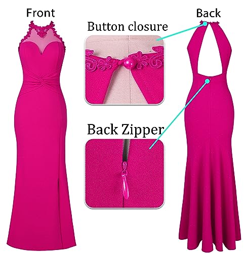 Image of VFSHOW Womens Formal Halter Keyhole Back Prom Gala Maxi Dress Evening Gown | Sexy Illusion Sweetheart Neck, High Slit, Wedding Guest, Applique, Twist Front Mermaid Dresses