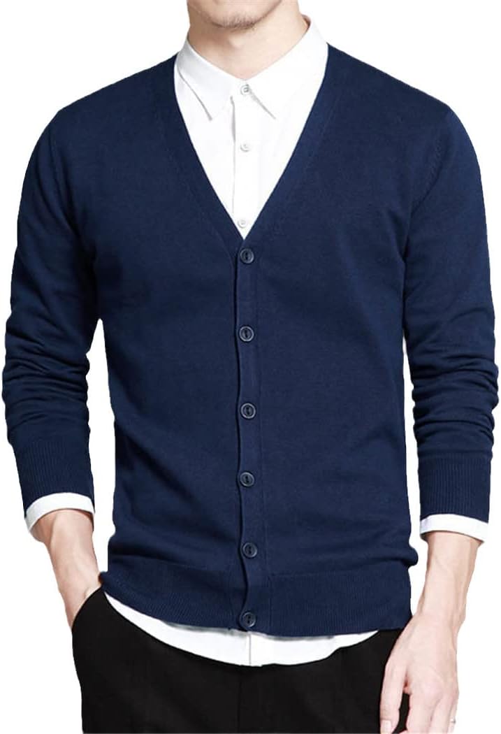 Cotton Cardigan Sweater Men Long Sleeve Knitted Cardigan V-Neck Solid Button Fit Casual Sweaters