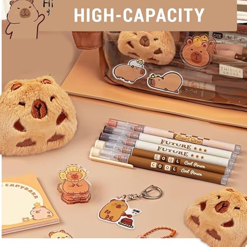 Image of Cute Capybara Pencil Case, Stationery Pouch Set with 10 Stickers+2 Brooches+1 Doll+2 Clip+1 Notepad+1 Keychain+4 Pens, Cartuchera De Capibara