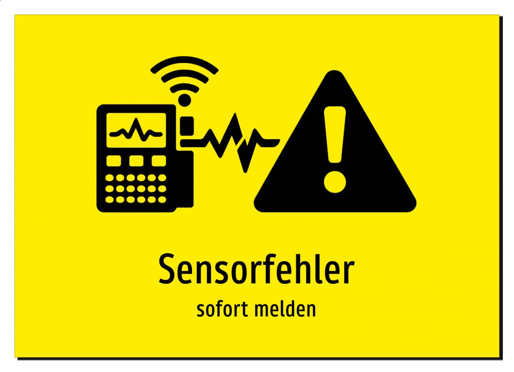 Sensorfehler - sofort melden | Aluminiumschild A2, 594 x 420mm | mit Symbolgrafik und Text