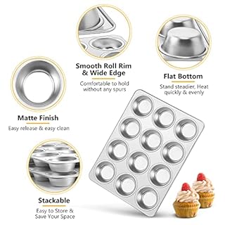 TeamFar 12-Cup Muffin Pan, Stainless Steel Muffin Tin Metal Cupcake Baking Pan for Oven, Regular Size & Non Toxic, Easy Clean & Dishwasher Safe