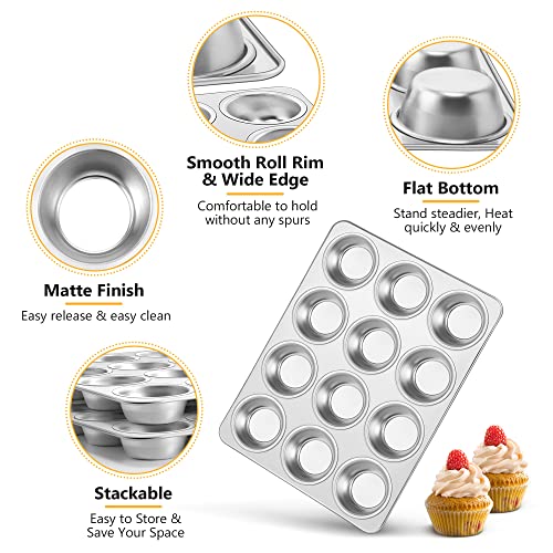 Teamfar 12-Cup Muffin Pan, Stainless Steel Muffin Tin Metal Cupcake Baking Pan For Oven, Regular Size & Non Toxic, Easy Clean & Dishwasher Safe #TOP2