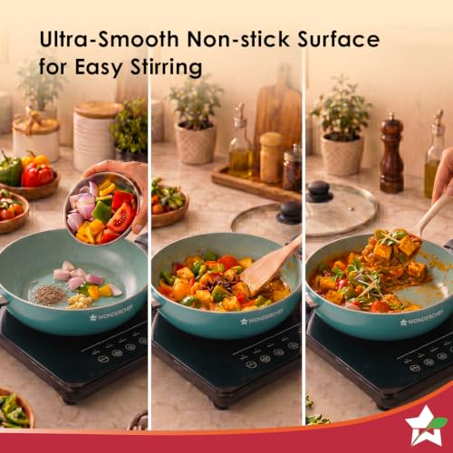 Image of Wonderchef Vitalife Non-Stick Kadhai & Glass Lid for Kitchen, 20cm, 1.4 L, Non-Toxic Coating, PFOA-Free, Cool-Touch Handles, Scratch-Resistant, Gas & Induction Compatible, 2-Yr Warranty, Teal Green