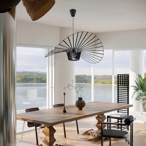 Image of Modern Black Woven Chandelier, 31.5 inch Farmhouse Coastal Hat Pendant Light Fixtures Matte Black Handwoven Shade Boho Pendant Hanging Lamp for Kitchen Dining Room Bedroom Foyer Hallway