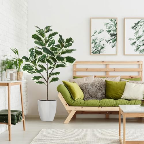 GlowSol Faux Fiddle Leaf Fig Tree, 4.3 Ft Artificial Ficus Lyrata Plant with 46 Fiddle Leaves, Potted Tall Fake Plants for Indoor Outdoor Home Office Living Room Decor Housewarming Gift