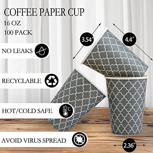 100 Pack 12 oz Paper Coffee Cups, Disposable Coffee Cups with Lids, Sleeves, Gray Pattern To Go Coffee Cups for Cold/Hot Drinking, Cafes Offices Home Travel Party Car - Thumbnail 2