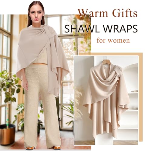 Shmily Girl Damen Poncho Schal Cashmere Feeling Strick Cape Cardigan Für Frauen Geschenk Für Mutter (Beige)