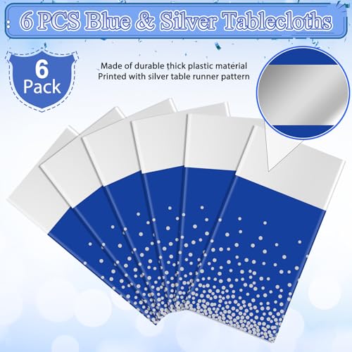 Image of 6Pcs Blue and Silver Tablecloth Party Decorations,Plastic Royal Blue Table Cloth Printed Silver Table Runner Disposable Rectangle Cover for Anniversary Wedding Graduation 2025 Party,54 x108 Inch