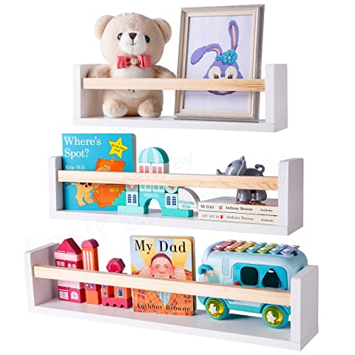 Image of SONNET DESIGNS White Floating Bookshelf 3 Pack for Nursery Decor Wall Mount Book Shelves for Kids Room Toddlers Toys 24 Inch Usable in Home, Kitchen, Bathroom, Floating Wall Ledge for Nursery