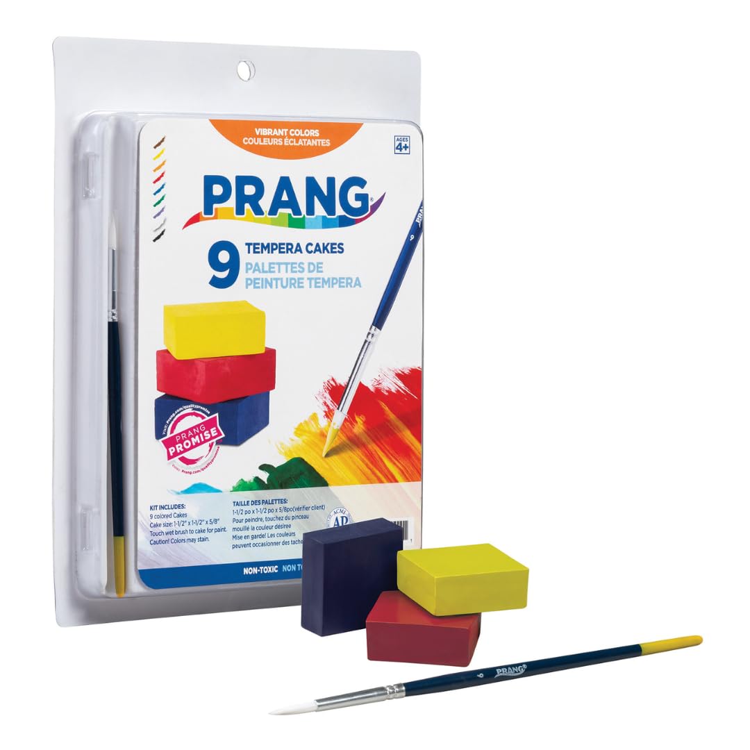 PRANG Gallery Classic Tempera Paint Cakes Lot de 12 pots de 9 couleurs avec poêle divisée et pinceau