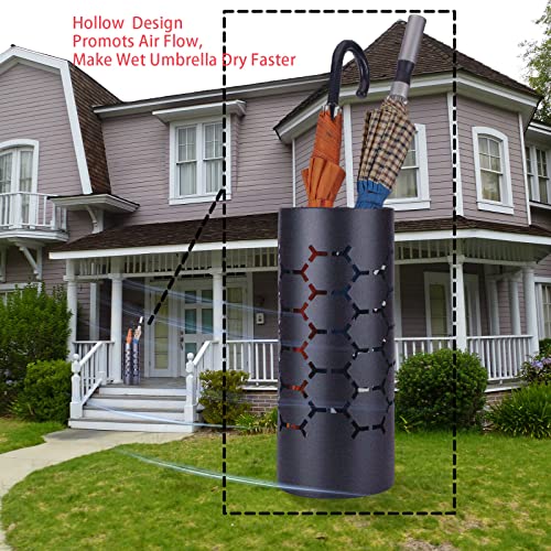 Bewbbat Umbrella Stand Rack For Entryway, Black Round Metal Umbrella Holder, Free Standing Umbrella Organizer Bin With 3 Hooks For Walk Stick, Home Office Indoor, 17 X 7 Inch #TOP6