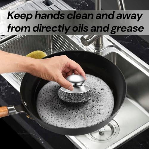 Image of 4Pcs Steel Wool Scrubber,Stainless Steel Scrubber,Metal Scrubber,Steel Scrubber for Dishes,Stainless Steel Wool Scrubber with Handle, for CleaningKitchen Pots, Pans, Stove Sinks,(2 Scrubber+2 Pads)