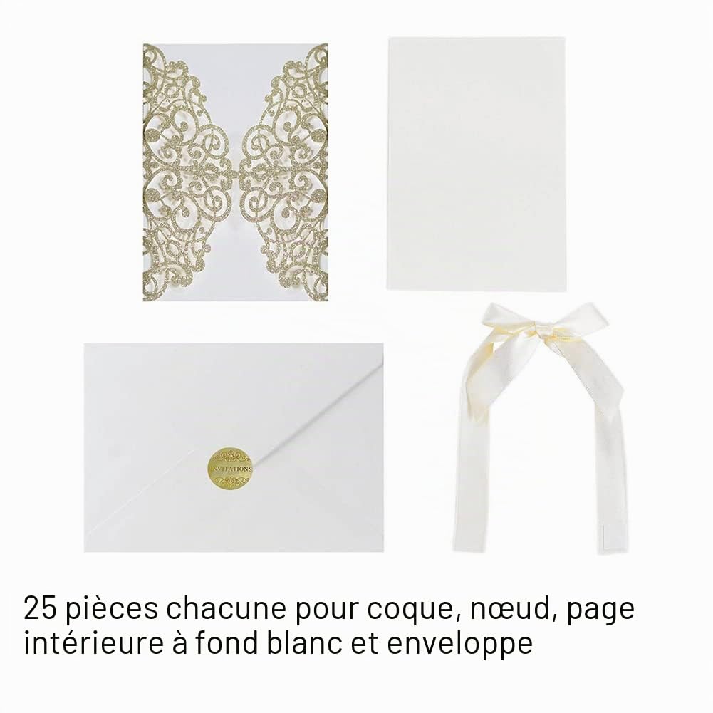 Surakey 25PCS Faire-Part de Mariage, Vintage Dentelle Cartes D'Invitation de Mariage avec Papier Imprimable, Enveloppes Et Ruban, pour Invitations d'anniversaire de Fiançailles de Douche Nuptiale