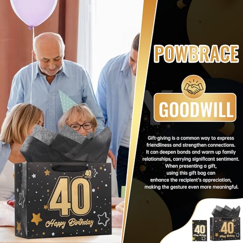 Image of Powbrace 13 inch Black 40th Birthday Gift Bag with Tissue Paper and Greeting Card for Party,Happy Birthday Gift Bag for Men Women,Gift Bags Medium size(1 Black 40th)
