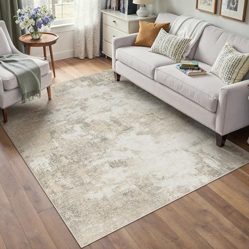 PureCozy Beige Kurzflor Abstrakte Teppich 120x180cm Moderner Wohnzimmer Teppich Waschbarer rutschfeste Minimalistische Bodenmatte Teppiche für Wohnzimmer Schlafzimmer Büro Bereich Dekor