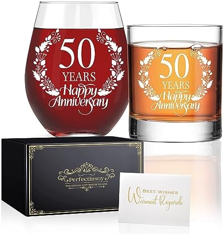 Perfectinsoy 50 Years Happy Anniversary Whiskey Glass and Stemless Wine Glass Gift Set, 50th Anniversary Wedding Gift For Mom, Dad, Soulmate, Couple, 50 Years Gifts, Happy 50th Anniversary