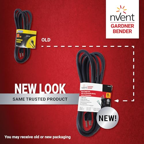 Image of nVent Gardner Bender PS915143 9 ft 14 /3 SJTW Replacement Power Cord, 15 Amp 125V Appliance Cord, 3-Prong Grounded Plug, Heavy Duty Outdoor Rated Black (Formerly: Bergen)