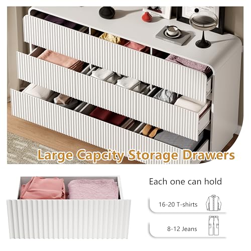 Image of Wodeer White Dresser Fluted 9 Drawers Dresser for Bedroom, 59 inch Wide Wood Chest of Drawers with Hidden Handles & Rounded Corners, Modern TV Stand Storage Cabinet for Living Room, Hallway, Entryway