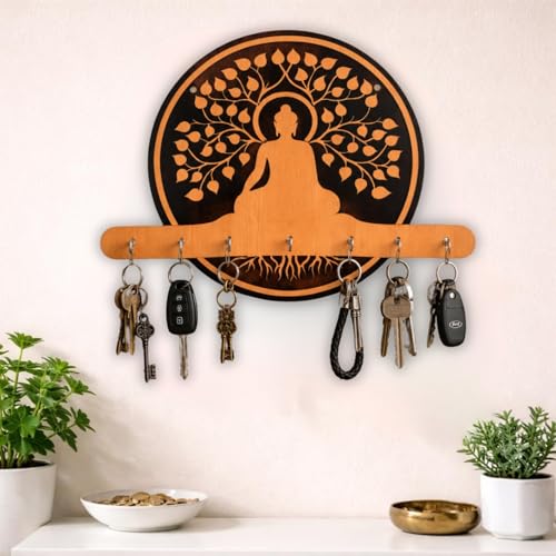 Image of Buddha Wooden Key Holder for Wall | Decorative MDF Key Stand with 7 Hooks | Spiritual Home Decor & Key Organizer for Entryway, Living Room, Office | Handmade Wall Mounted Key Hanger