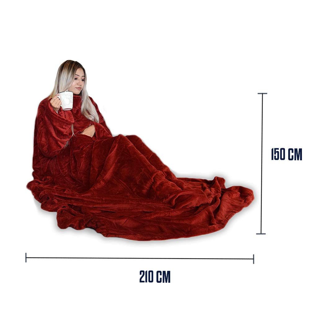 Mikamax - Snugs Deluxe - Coperta Con Maniche In Pile Morbido - Gigante 150x215 Cm - Rosso - Per Divano E Letto, Con Tasca Porta Oggetti - 2